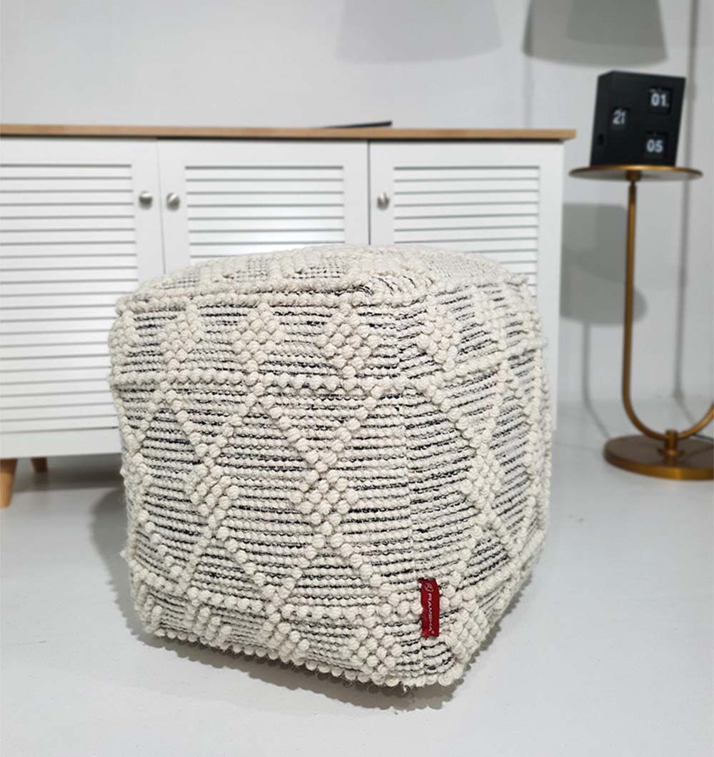 Natural-colored handmade wool pouf PF-138 with 90% wool and 10% cotton cover