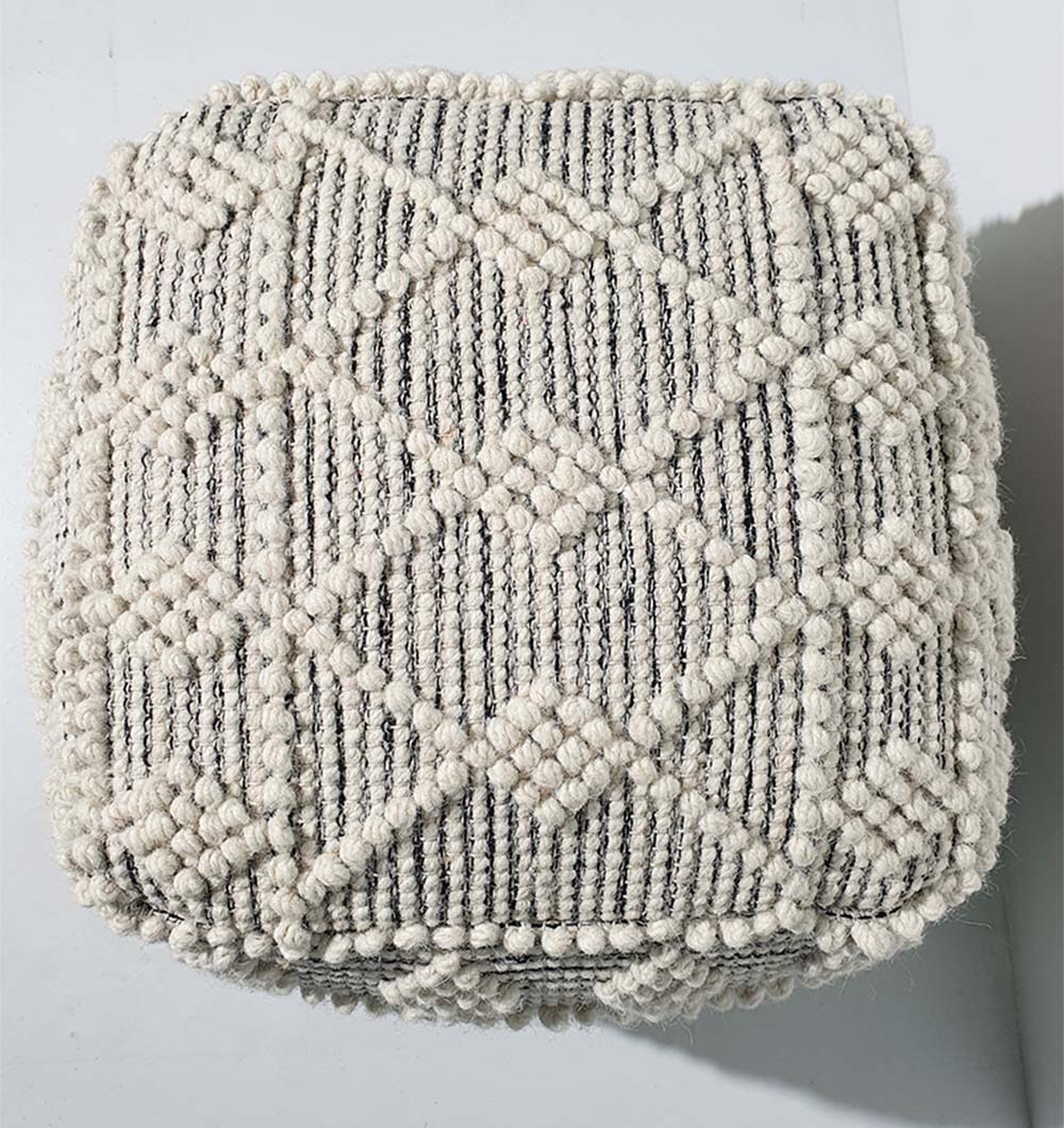 Top view of PF-138 wool pouf showing woven natural wool-cotton texture