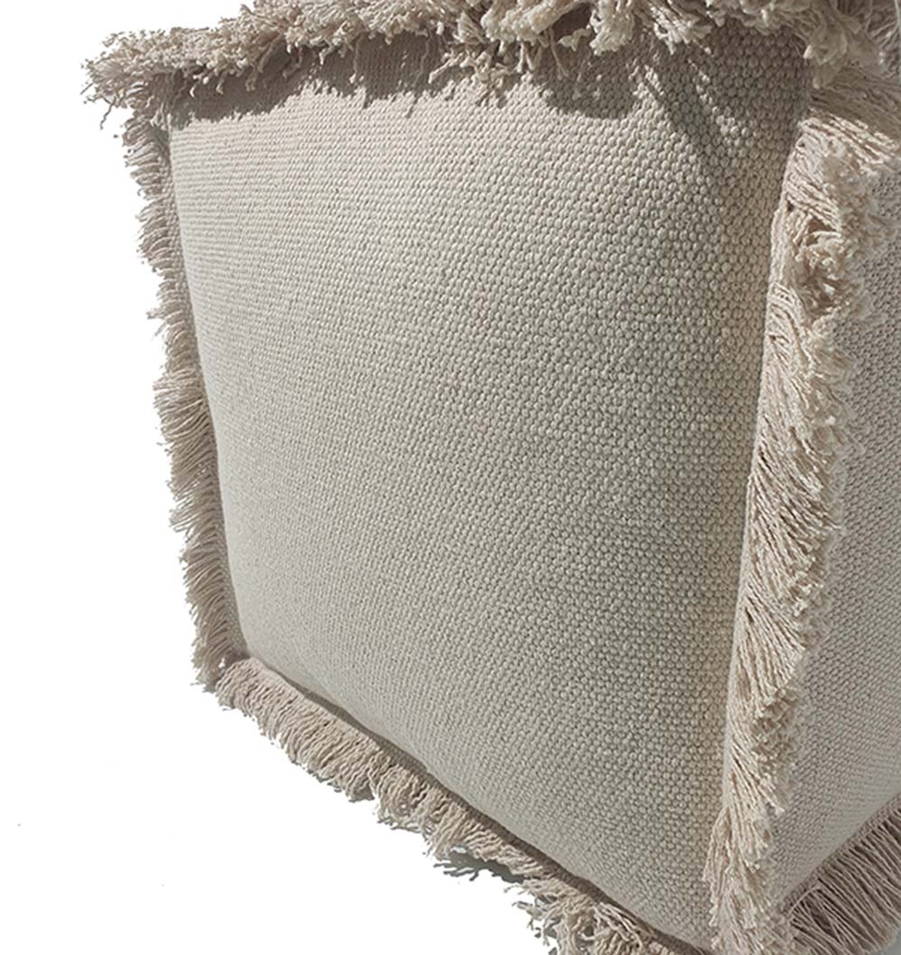 A close-up of the RAMSHA HOME 100% Cotton Cover Pouf PF-145 shows its beige textured square design, fringed edges, and soft cotton material against a plain white background.