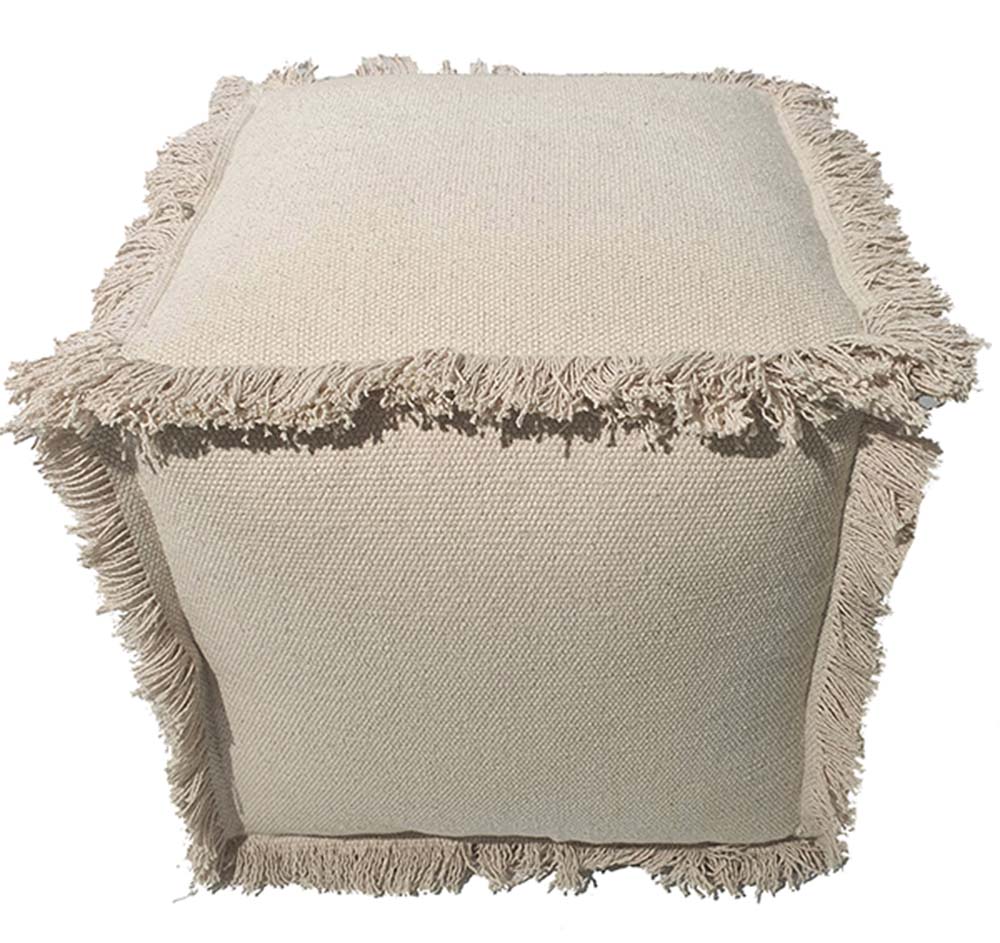 The RAMSHA HOME 100% Cotton Cover Pouf PF-145 is a beige, square ottoman featuring a textured cotton cover and fringed edges on the top and sides.