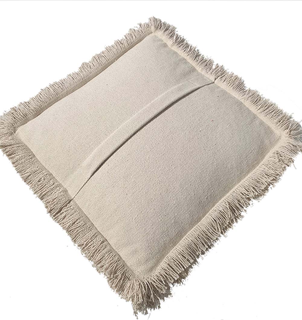 A square beige pillow with textured fabric and decorative fringe, featuring an envelope closure, shown on a white background—ideal to pair with the RAMSHA HOME 100% Cotton Cover Pouf PF-145 for extra comfort and style.
