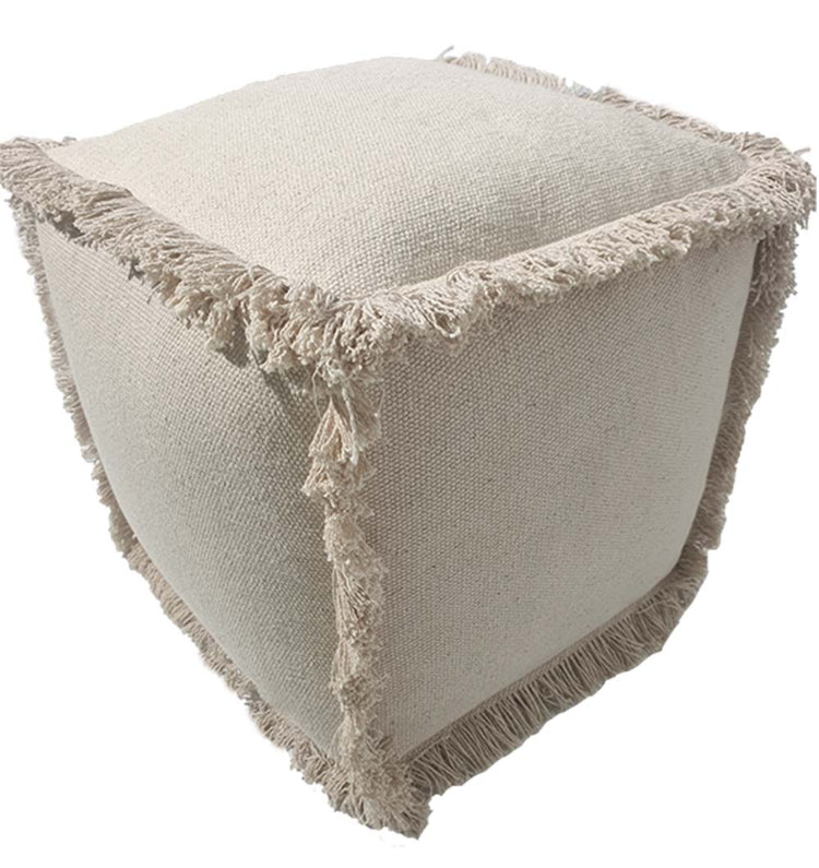 The RAMSHA HOME 100% Cotton Cover Pouf PF-145 is a beige, square pouf with fabric fringe edges, offering a comfortable, textured, and decorative look—perfect for relaxing in style.