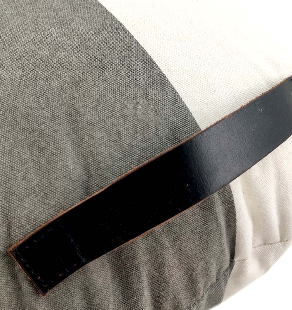 The RAMSHA HOME Cotton Cushion CS-223 features a gray and white color block design with a black leather handle stitched onto the soft cotton cover.