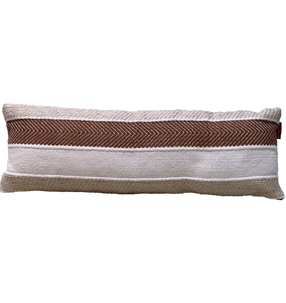The RAMSHA HOME Woven Polyester Cushion Multi Color Soft Cushion With Insert CS-253 features a rectangular design with a beige base, brown zigzag stripe, textured bands, and a plush insert for enhanced home comfort.