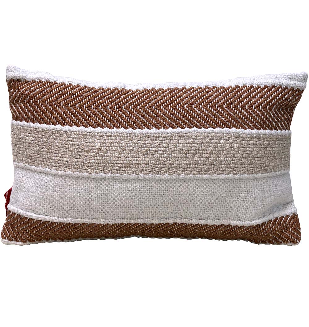 The Woven Polyester Cushion Multi Color Soft Cushion With Insert CS-253 by RAMSHA HOME features horizontal stripes in white, beige, and brown with a chevron pattern and woven texture, bringing cozy comfort and style to any space.