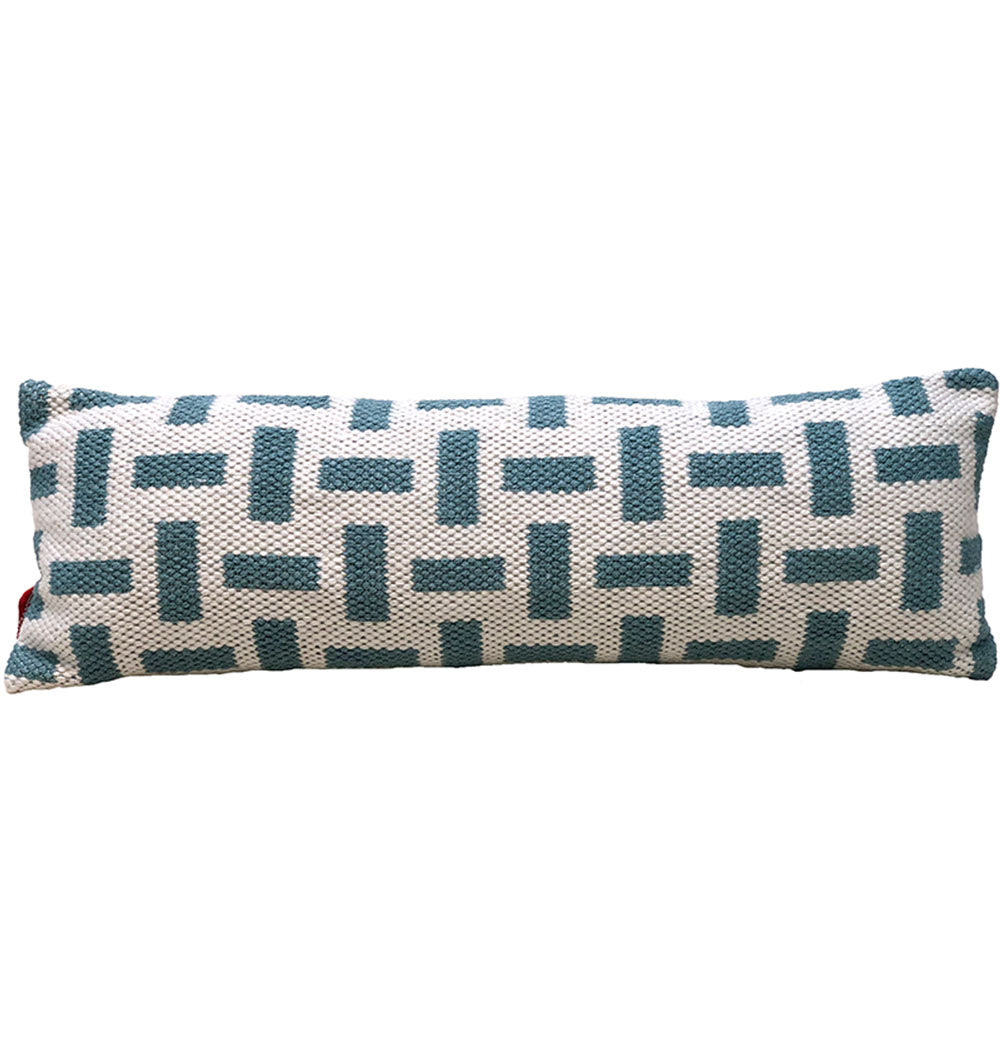 The RAMSHA HOME Woven Polyester Cushion Soft Cushion With Insert features a textured white background with teal interlocking L-shapes, slightly rounded corners, and a stylish woven design for added home comfort.