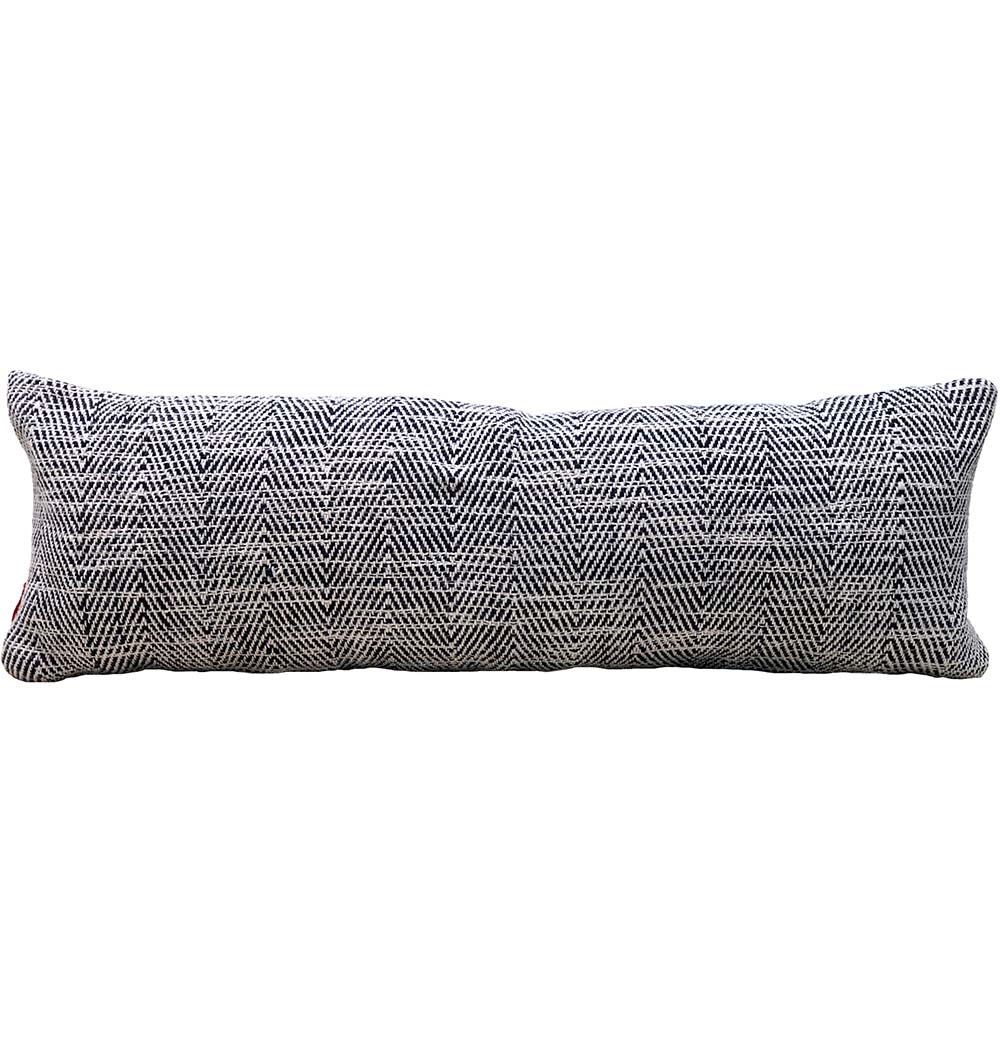 The RAMSHA HOME Woven Black Polyester Cushion CS-248 features a black and white herringbone pattern on a durable, soft polyester fabric. Its long rectangular shape stands out against a plain white background.