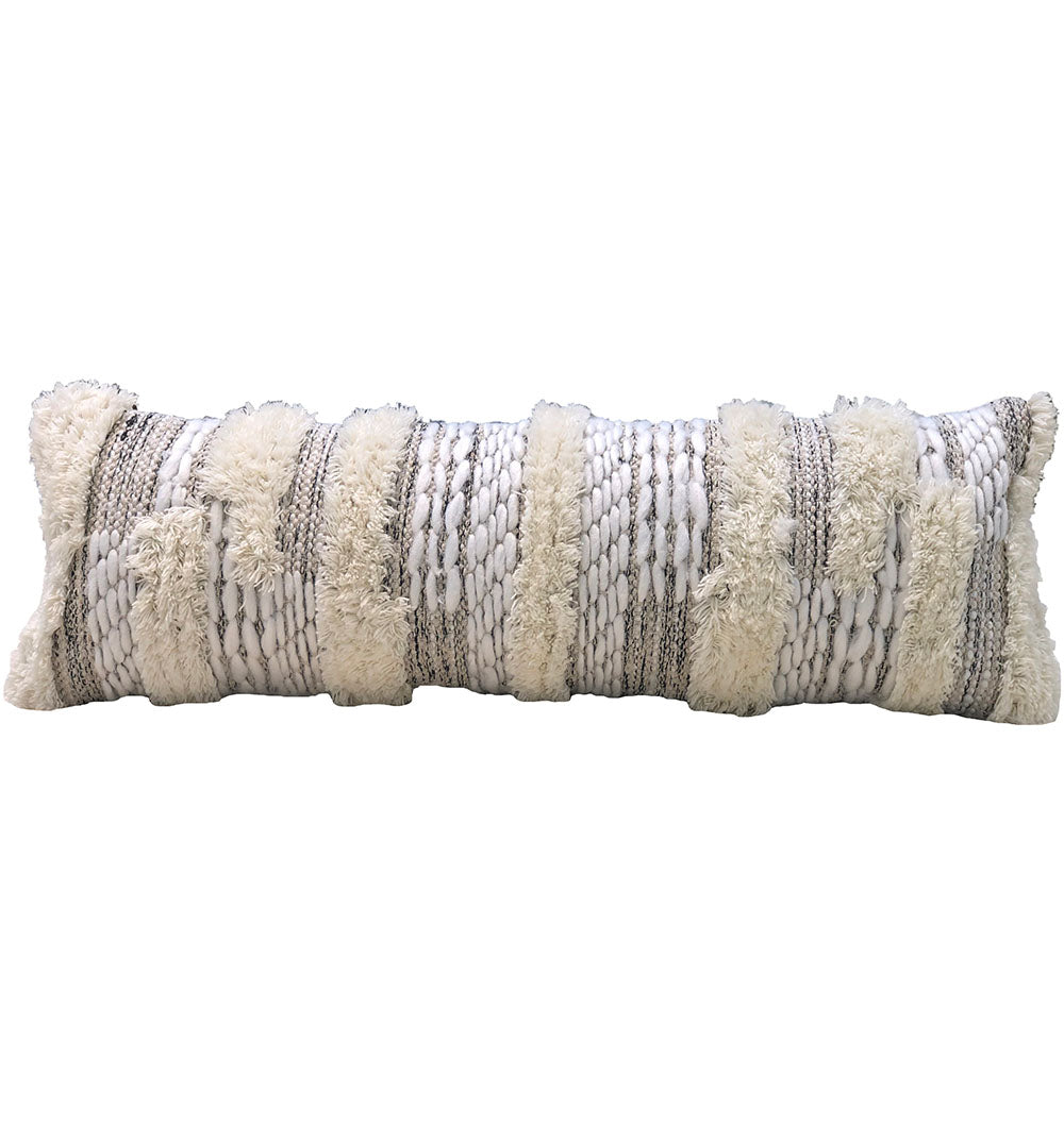 The RAMSHA HOME Woven Cushion Soft Sofa Cushion CS-280 features a long, rectangular shape with alternating cream, shaggy, and woven textures—a cozy and stylish addition to any living space.