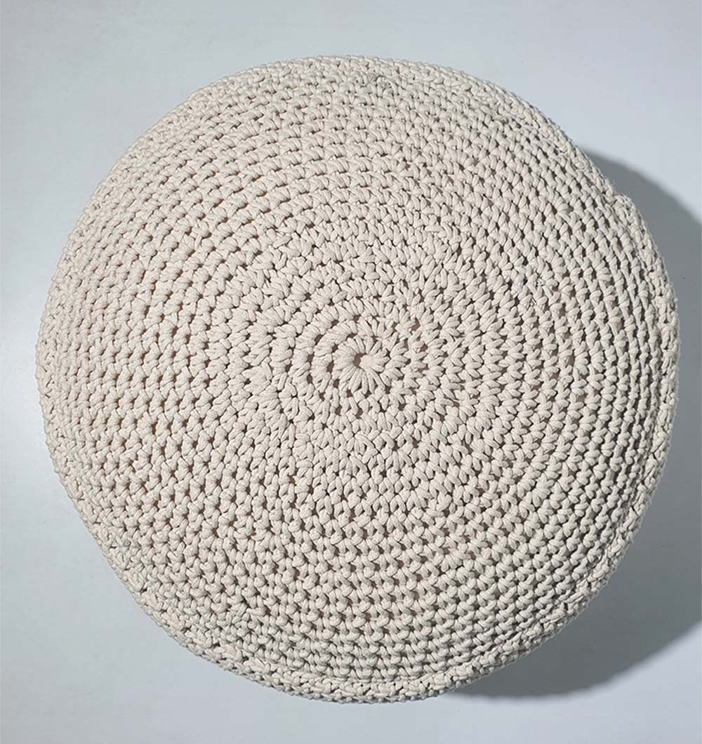 The RAMSHA HOME Round Cotton Pouf PF-072 features a tightly crocheted beige cotton design with concentric circles, offering cozy seating and stylish décor for any home.