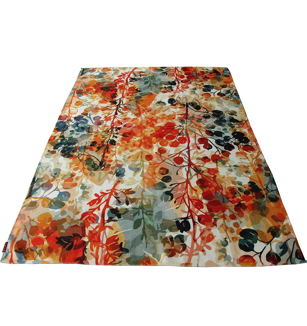The RAMSHA HOME Polyester Digital Printed Multi Color Rug DD-034 showcases a vibrant, modern floral and leafy abstract pattern in red, orange, green, blue, and beige tones.