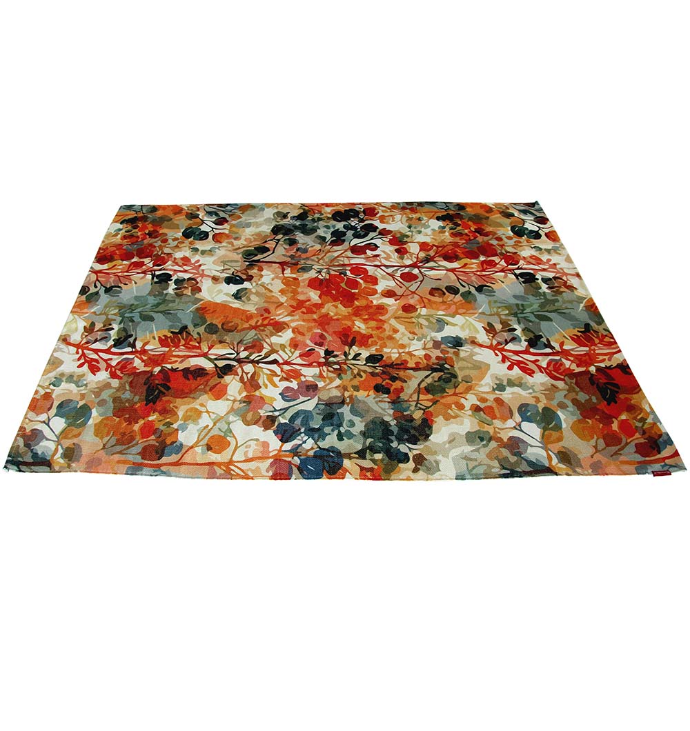 The RAMSHA HOME Polyester Digital Printed Multi Color Rug DD-034 features an abstract floral pattern in orange, red, green, and blue watercolors on a rectangular rug displayed flat against a white background.