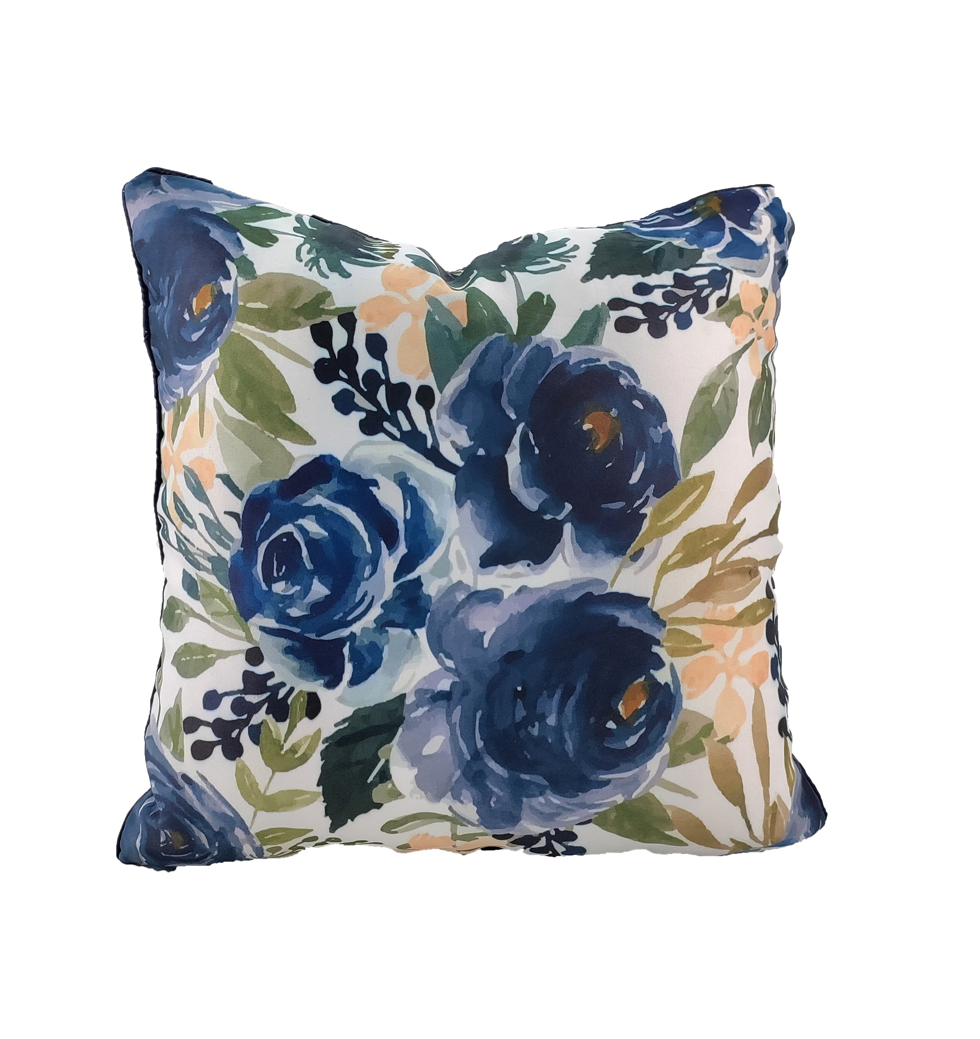 The RAMSHA HOME Floral Printed Multi Color Cushion features a vibrant blue rose and green-yellow leaf pattern on a white background—perfect for brightening your home décor.