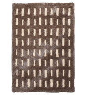 The RAMSHA HOME Modern Shaggy Rug For Living Room SG 015 (170x240 CM) is a plush brown rectangular rug with vertical beige rectangles in a modern geometric pattern.