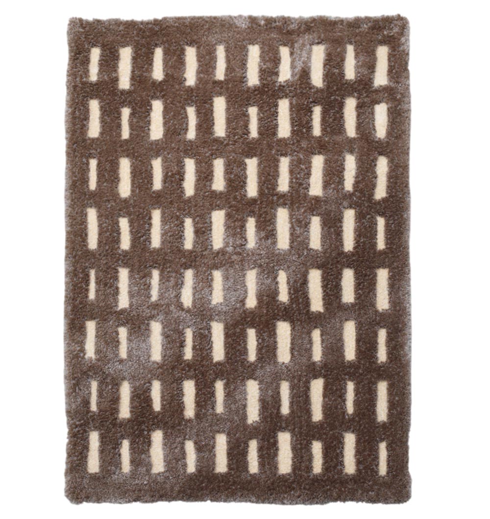The RAMSHA HOME Modern Shaggy Rug For Living Room SG 015 (170x240 CM) is a plush brown rectangular rug with vertical beige rectangles in a modern geometric pattern.