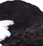 A close-up of the RAMSHA HOME Dark Brown High-Density Shaggy Rug (SG 028) highlights its irregular texture and a touch of white decorative feathers on the left, adding unique style to this cozy piece.