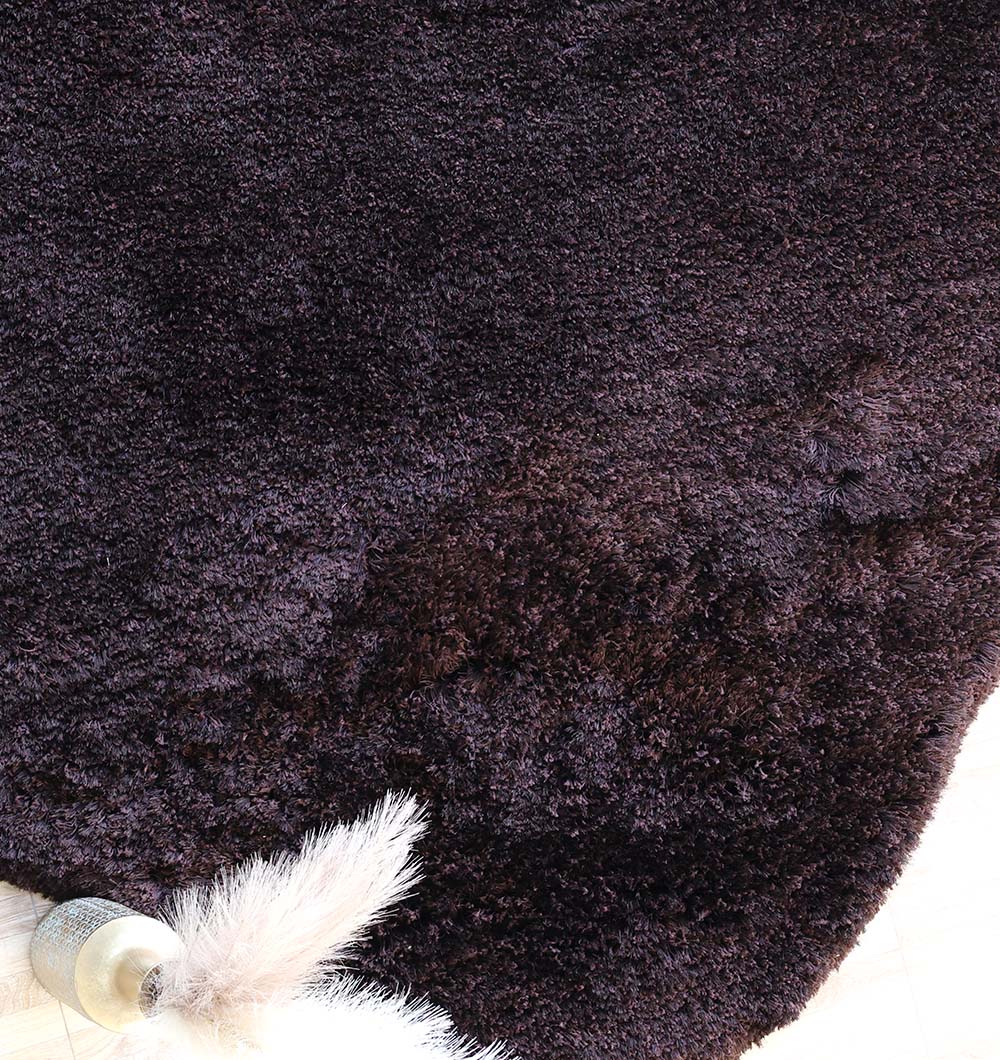 The RAMSHA HOME Dark Brown High-Density Shaggy Rug - SG 028 covers most of the image, with a plush texture; in the lower left, a light wooden floor and a white and silver feathered decor piece are visible.