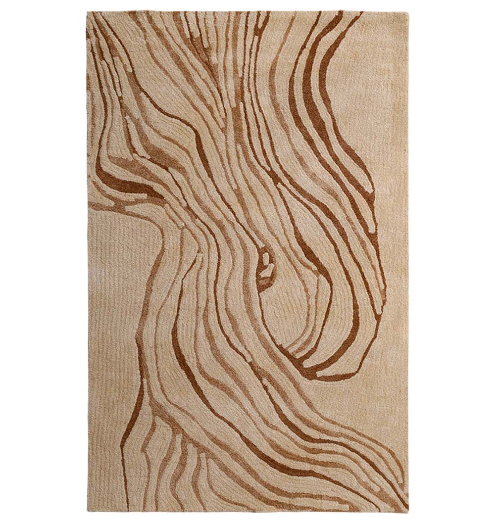 The RAMSHA HOME Rectangle Multi Color Shaggy Rug (SG 031, 200x300 cm) features a soft beige base with an abstract wavy wood grain pattern in brown shades, adding an organic touch to any living room.