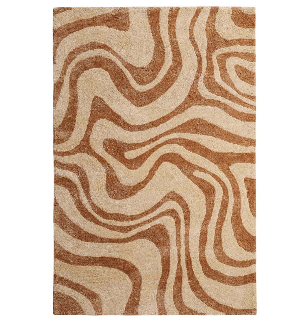 The RAMSHA HOME Rectangle Beige & Brown Color Shaggy Rug for Living Room (SG 032, 200x300 cm) features a plush surface with a wavy, abstract pattern in light beige and medium brown for a stylish, organic look.