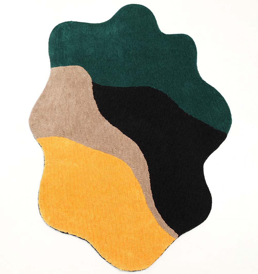The RAMSHA HOME Shaggy Rug for Living Room - SG 036 (160X230 cm) features an abstract, irregular design with wavy sections in dark green, beige, black, and mustard yellow on white—ideal as a modern statement piece.