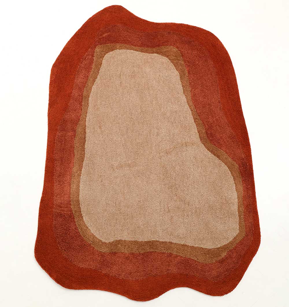 The RAMSHA HOME Shaggy Rug for Living Room - SG 038 (160x230 cm) features abstract, irregular shapes in layered colors—tan center, brown layer, and wavy rust-red edge—creating a striking focal point on any white background.