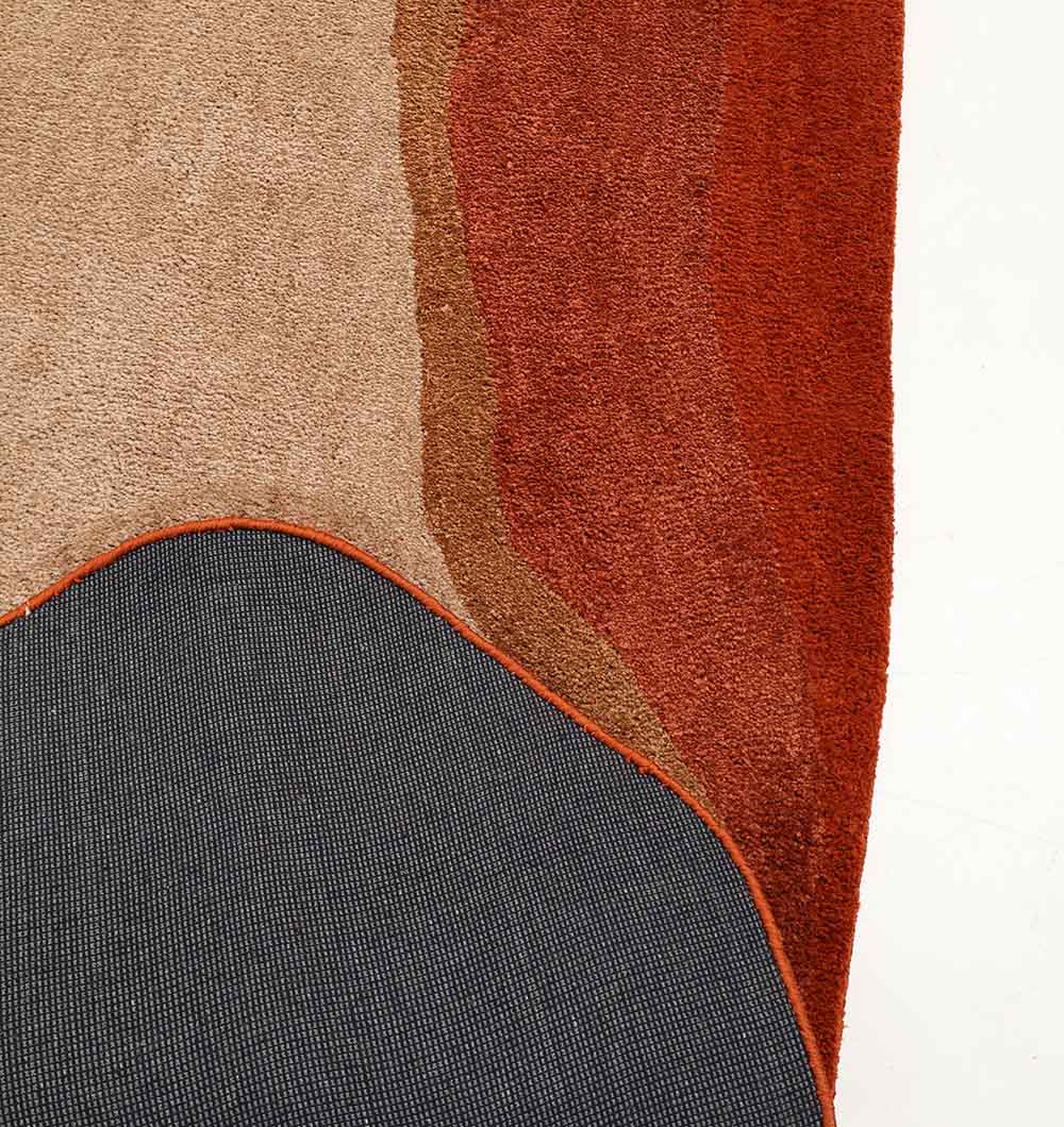A close-up of the RAMSHA HOME Shaggy Rug for Living Room - SG 038 (160x230 cm) shows curved shapes in beige, brown, and red with a dark textured section bordered in orange on a light background.