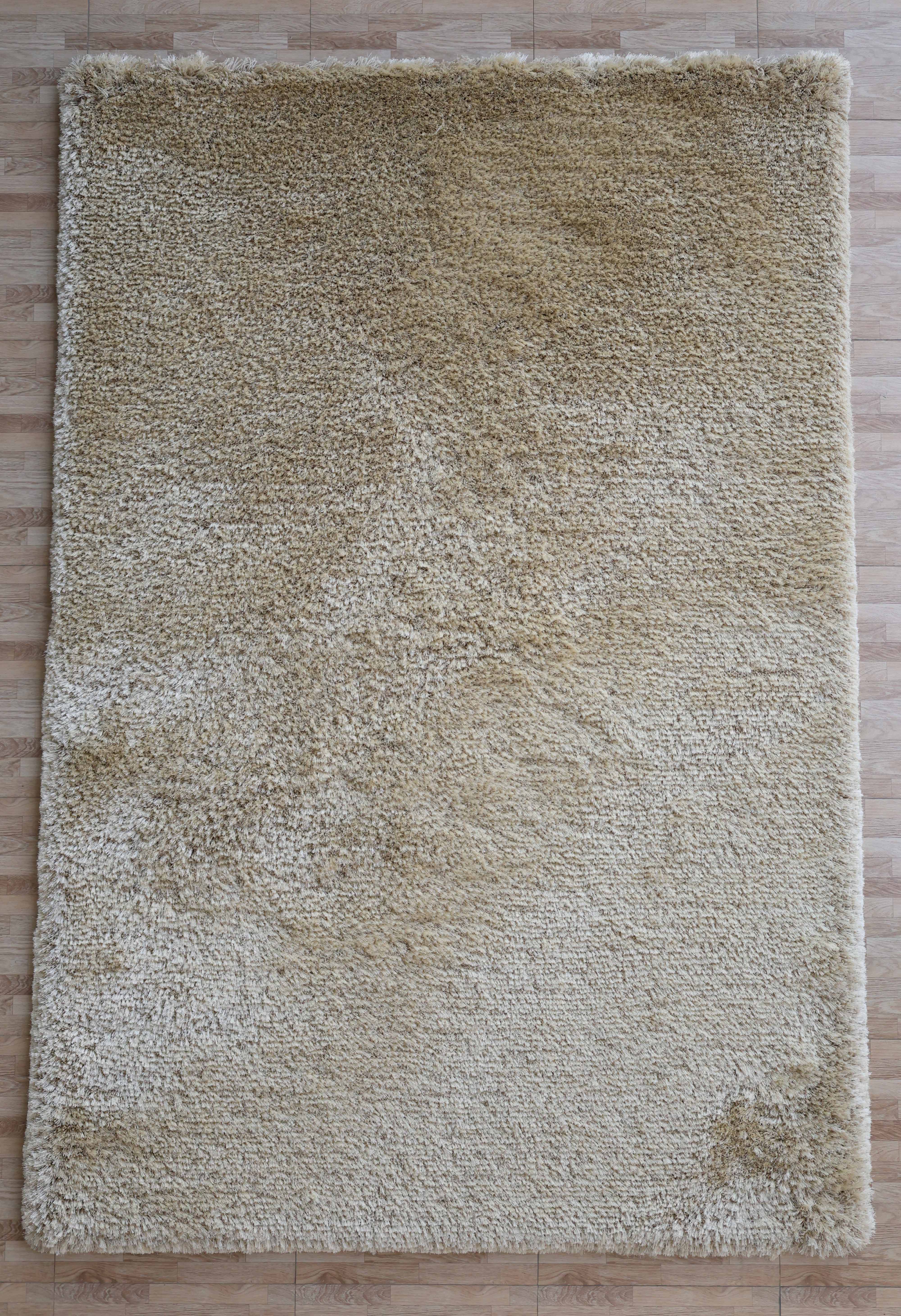 The Modern Ultra Soft Shaggy Carpet for Bedroom - SG 041 by RAMSHA HOME is a large, rectangular beige rug with a fluffy texture and subtle color variations, perfect for modern interiors on light wood floors.