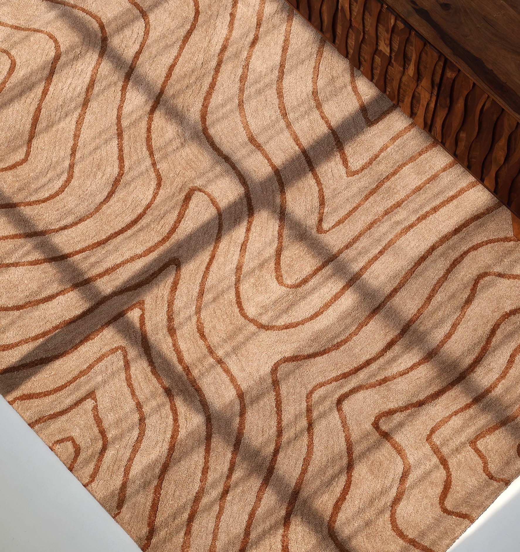 Sunlight streams through a window, casting geometric shadows on the Designer Contour Line Plush Area Rug - SG 051 by RAMSHA HOME, which features modern beige and brown wavy abstract patterns. A wooden object appears at the right edge of the scene.