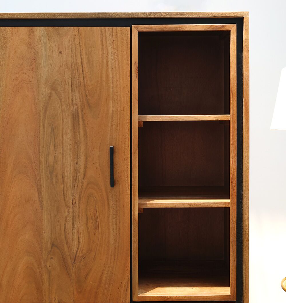 The RAMSHA HOME Handcrafted Acacia Wood Cabinet Almirah features a light brown finish, a closed door with black handle on the left, and three open shelves on the right—ideal for stylish living room storage and organization.