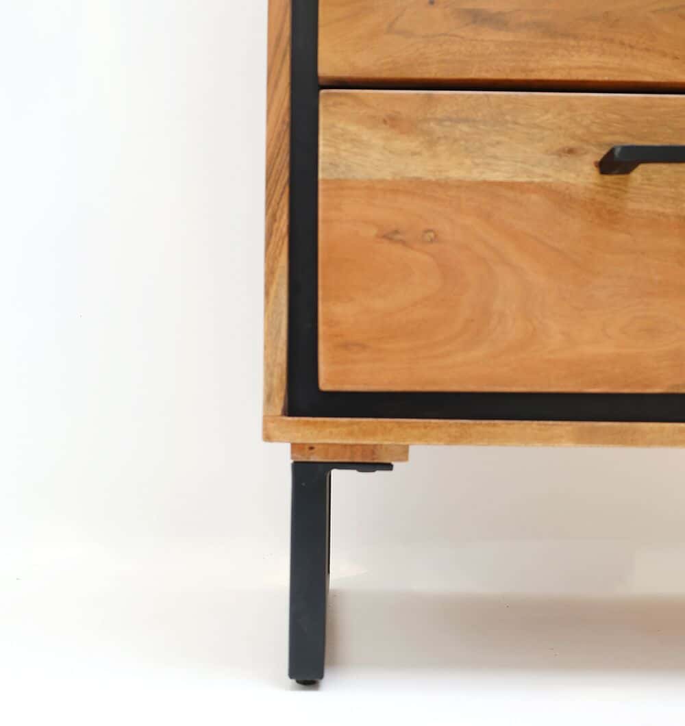 Close-up of the Handcrafted Acacia Wood Cabinet Almirah by RAMSHA HOME, featuring a black metal handle and leg. Its sleek design, open shelves, and drawers make it perfect for organizing your living room.