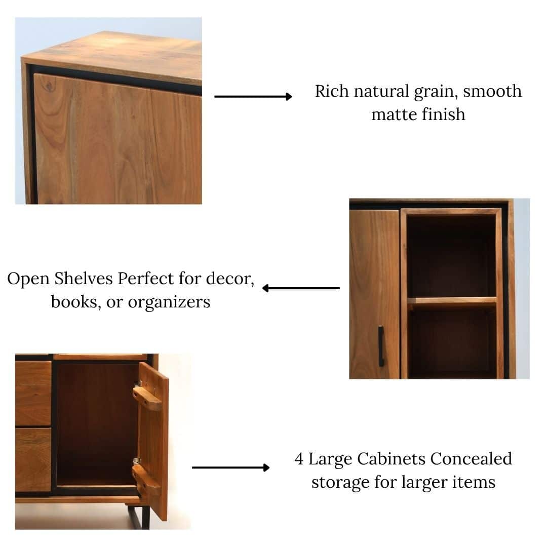 RAMSHA HOME's Handcrafted Acacia Wood Cabinet Almirah boasts a matte finish, open shelves, drawers for décor or books, and four spacious concealed cabinets—descriptive text and arrows highlight each storage feature.