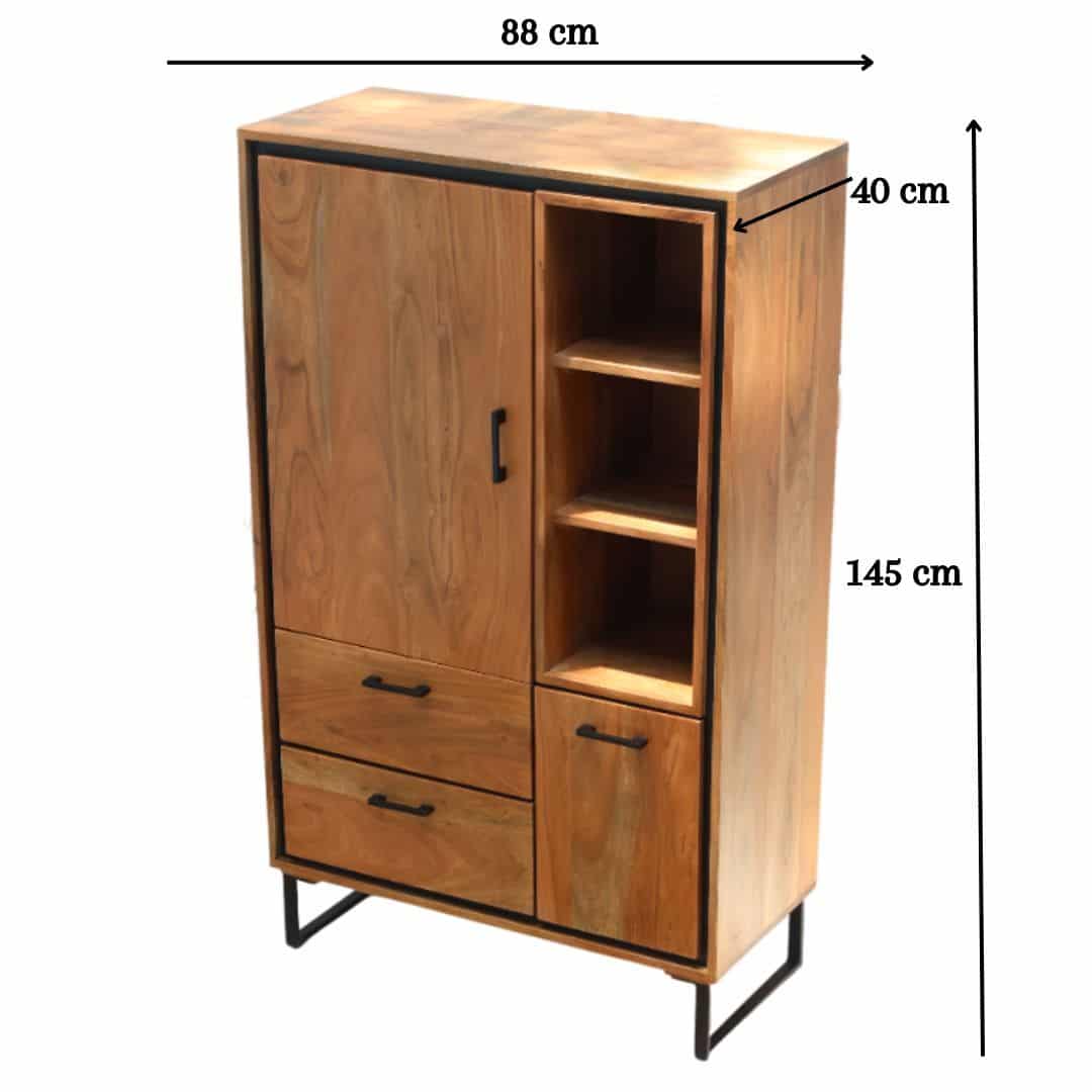 The RAMSHA HOME Handcrafted Acacia Wood Cabinet Almirah features two large doors, three open shelves, and two drawers with black handles. Perfect for the living room, it stands on metal legs and measures 88x40x145 cm.