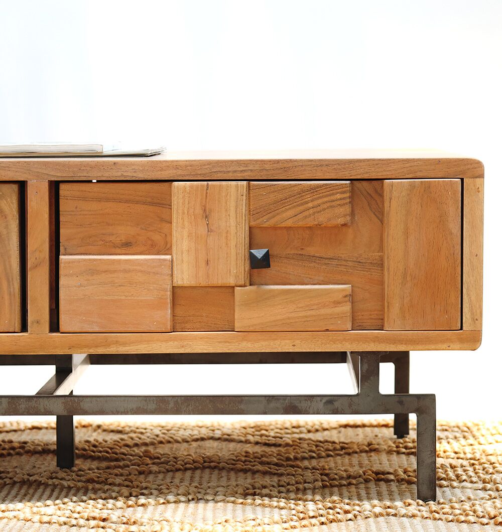 The RAMSHA HOME Modern Acacia Wood TV Cabinet features a geometric patchwork front with a black knob and metal base, making it an ideal media console for contemporary living spaces.
