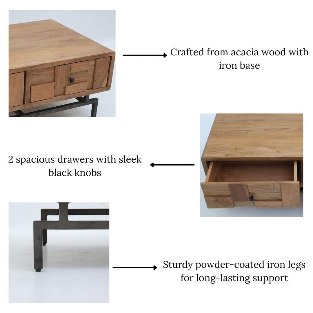 The RAMSHA HOME Modern Acacia Wood TV Cabinet with Metal Base features an acacia wood top, sturdy powder-coated iron legs, two roomy drawers with black knobs, and a sleek, durable design—perfect for any modern living room.