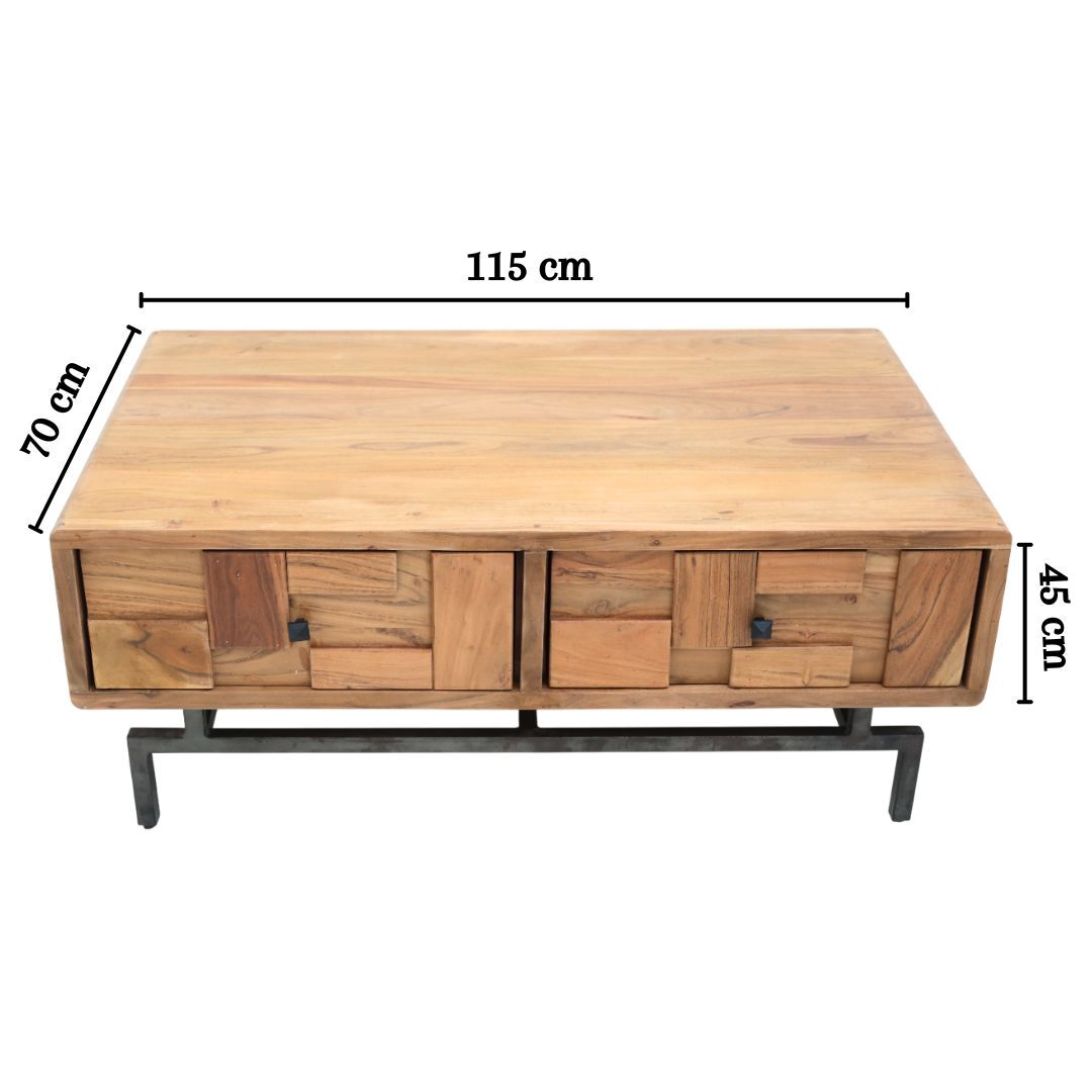 The RAMSHA HOME Modern Acacia Wood TV Cabinet features a patchwork front, two drawers, black metal legs, and measures 115x70x45 cm—ideal for a modern living room or as a stylish media console.