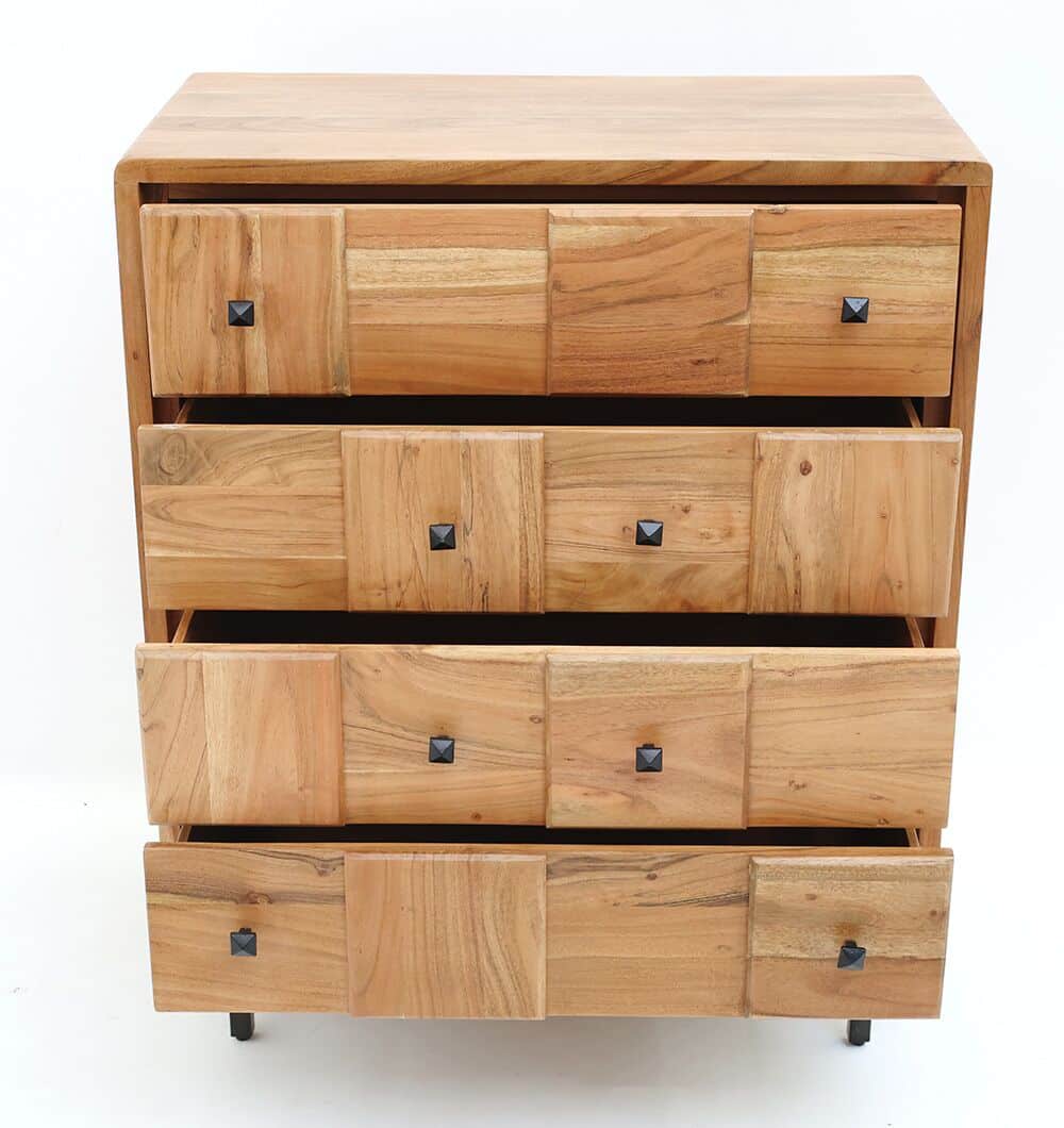 The RAMSHA HOME Natural Acacia Wood Drawer Cabinet features eight spacious drawers with square black knobs and stands on short black legs, combining timeless elegance with practical storage.
