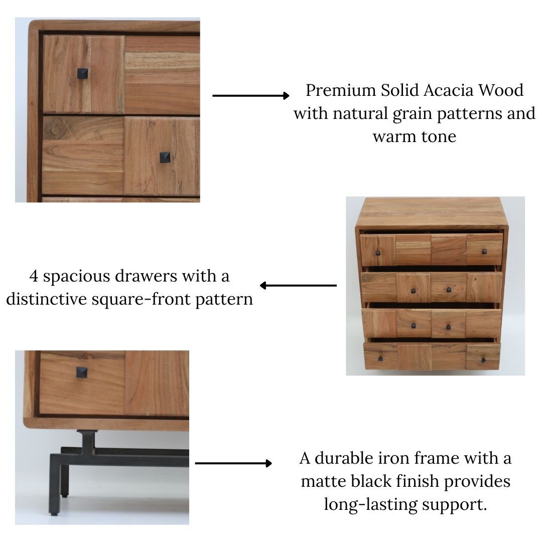 The RAMSHA HOME Natural Acacia Wood Drawer Cabinet features 8 spacious drawers with square handles, distinctive grain patterns, and a sturdy black matte iron frame for lasting durability and modern style.