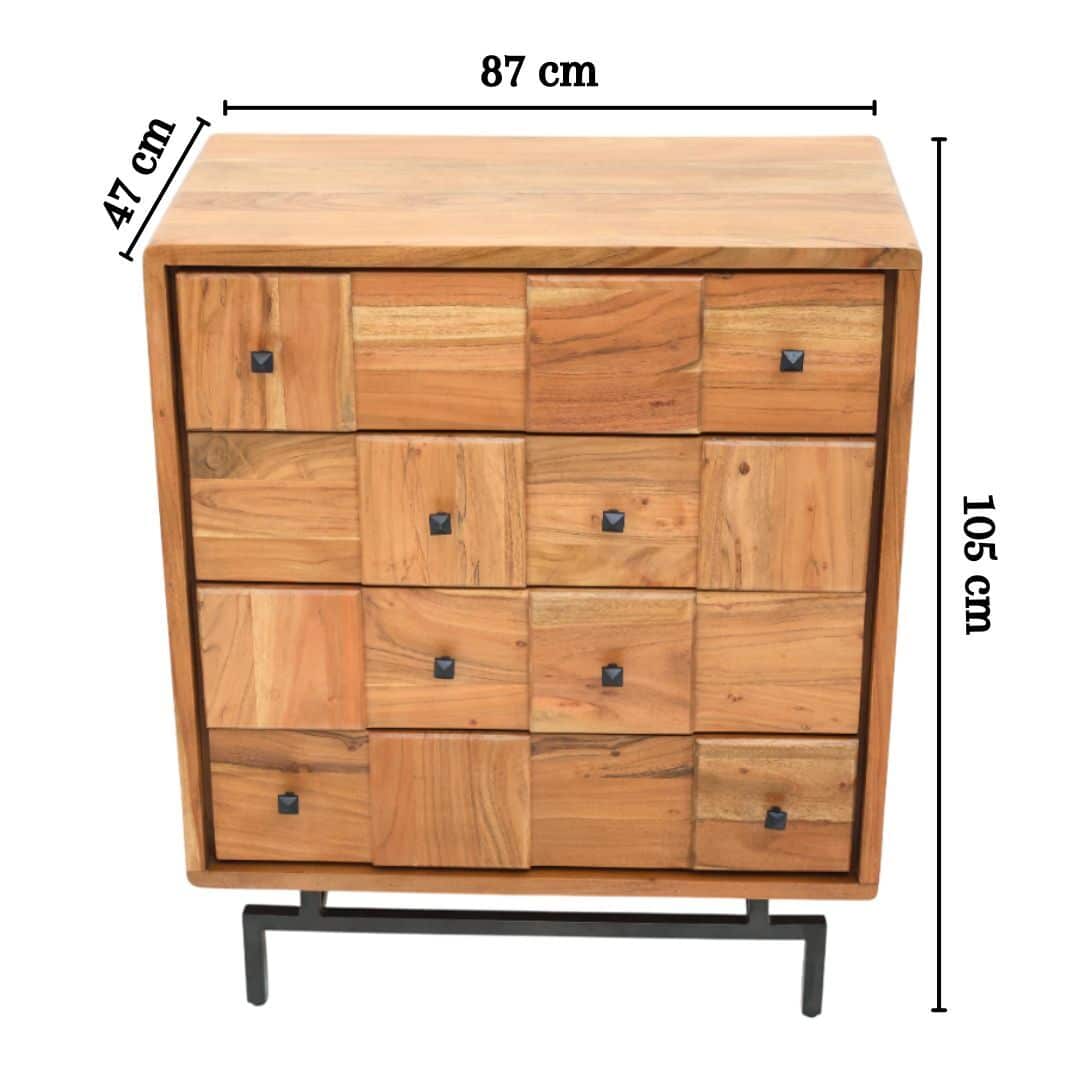 The RAMSHA HOME Natural Acacia Wood Drawer Cabinet features 8 drawers, a geometric front pattern, black metal legs, and measures 87 cm wide, 47 cm deep, and 105 cm tall.