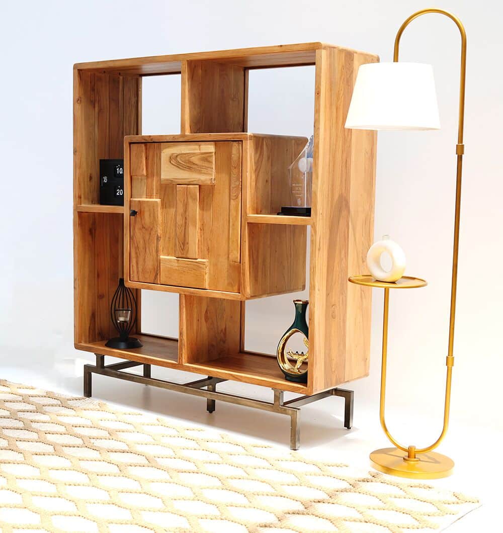 Wooden Book Shelf With Central Cabinet