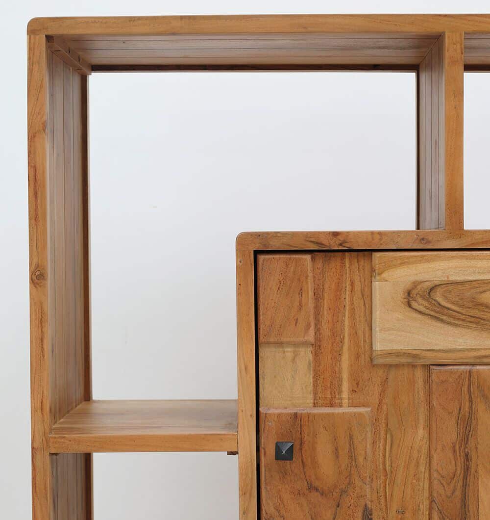 A close-up of the RAMSHA HOME Wooden Book Shelf With Central Cabinet, featuring open shelves, a central sliding door, and natural wood grain in a minimalist design against a plain white background.