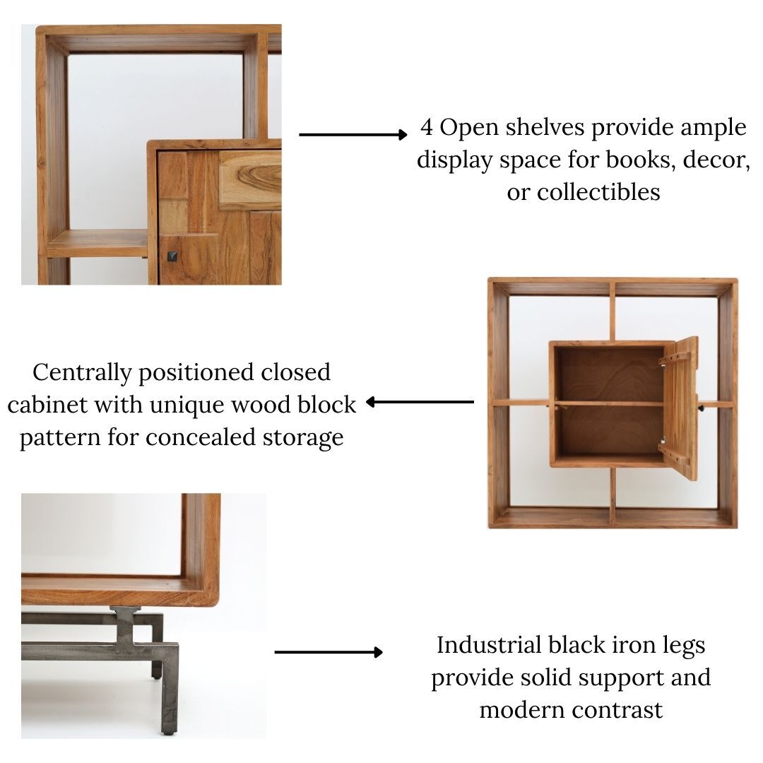 RAMSHA HOME Wooden Book Shelf With Central Cabinet features 4 open shelves, a central cabinet with a block acacia wood design, and sturdy black iron legs; arrows highlight each feature on this stylish, open shelf cabinet.