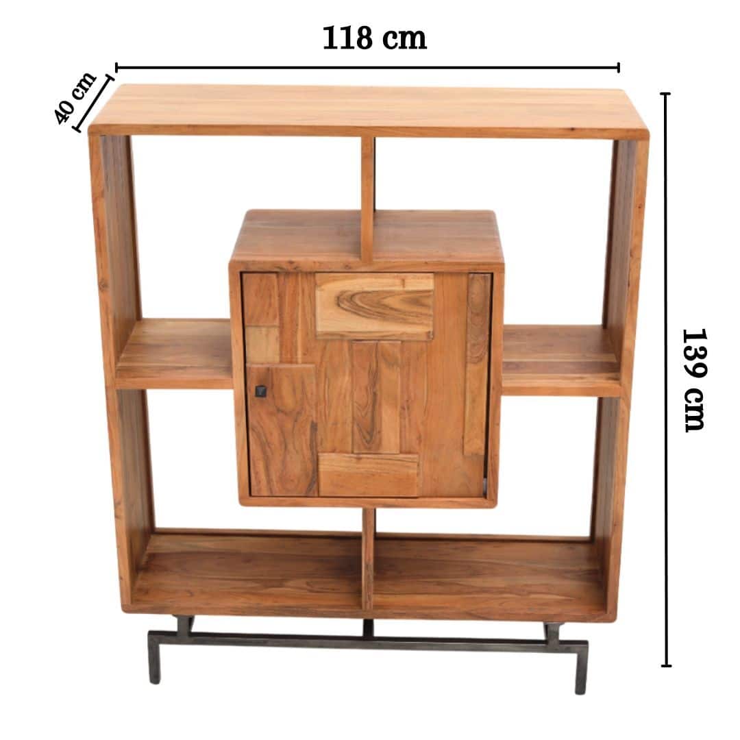 The RAMSHA HOME Wooden Book Shelf With Central Cabinet is made from acacia wood, measures 139x118x40 cm, and features a central cabinet with sturdy metal legs and open shelves around the center compartment.
