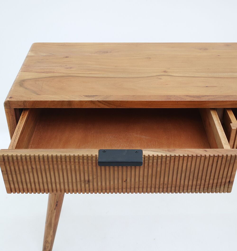 The RAMSHA HOME Wooden Sideboard Cabinet with Storage is crafted from solid acacia and features angled legs, a rectangular black handle, and a grooved drawer front for stylish, compact storage.