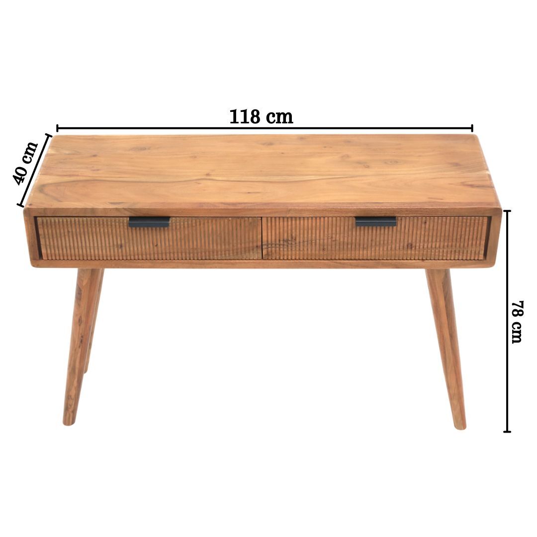The RAMSHA HOME Wooden Sideboard Cabinet with Storage is crafted from solid acacia, featuring two drawers with black handles and four angled legs. Dimensions: 118 cm wide, 40 cm deep, and 78 cm high.