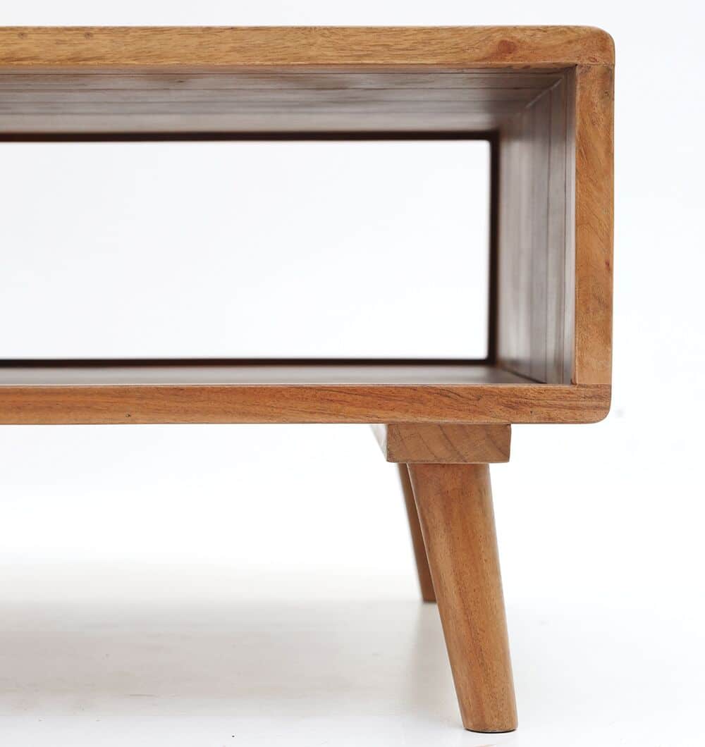 Close-up of the RAMSHA HOME Modern Industrial Acacia Wood Sideboard with a black metal base, showcasing its clean lines and spacious shelf, photographed against a plain white background.