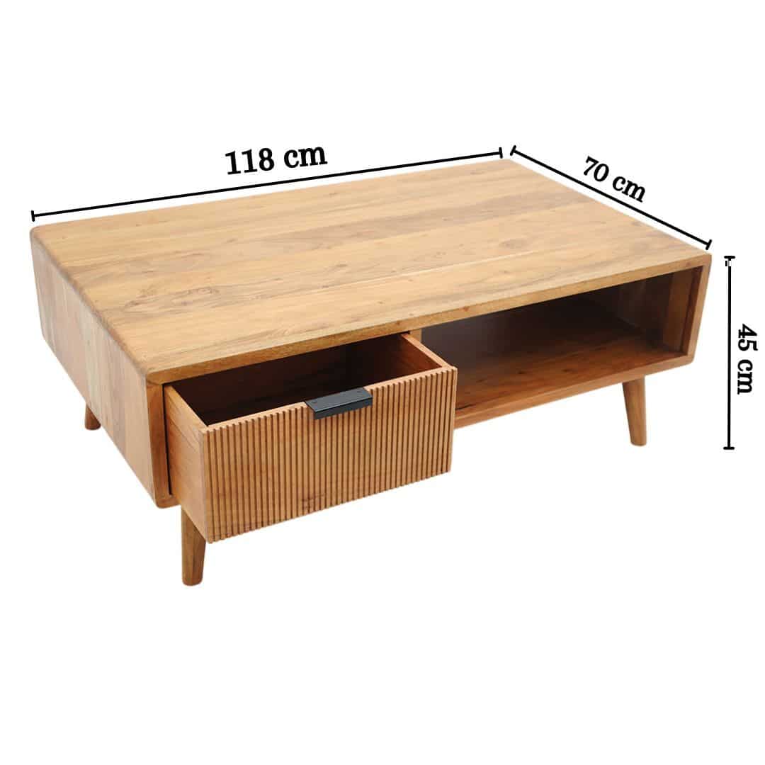 The RAMSHA HOME Modern Industrial Acacia Wood Sideboard features a black metal base, textured front, open shelving, and pull-out drawers. Pair it with your modern TV unit for cohesive style. Dimensions: 118W x 70D x 45H cm.