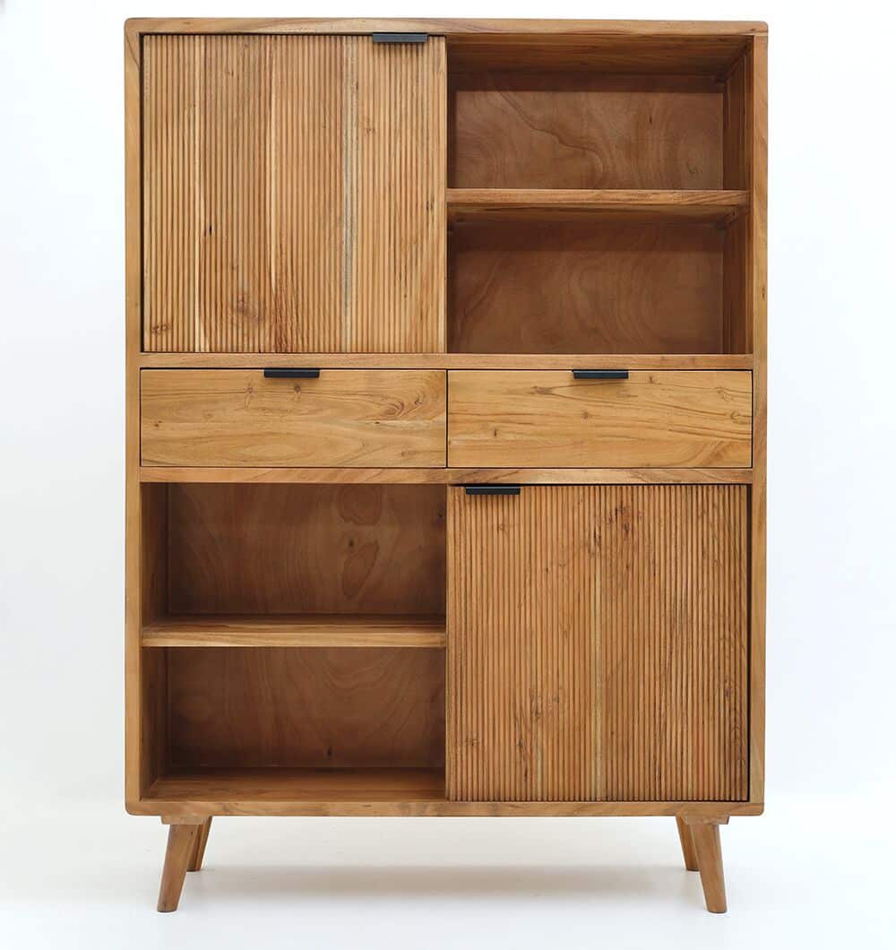 The RAMSHA HOME Handcrafted Acacia Wood Cabinet With Open Shelves features two grooved doors, two drawers with black handles, open shelves, and angled legs for a blend of mid-century style and practical storage.