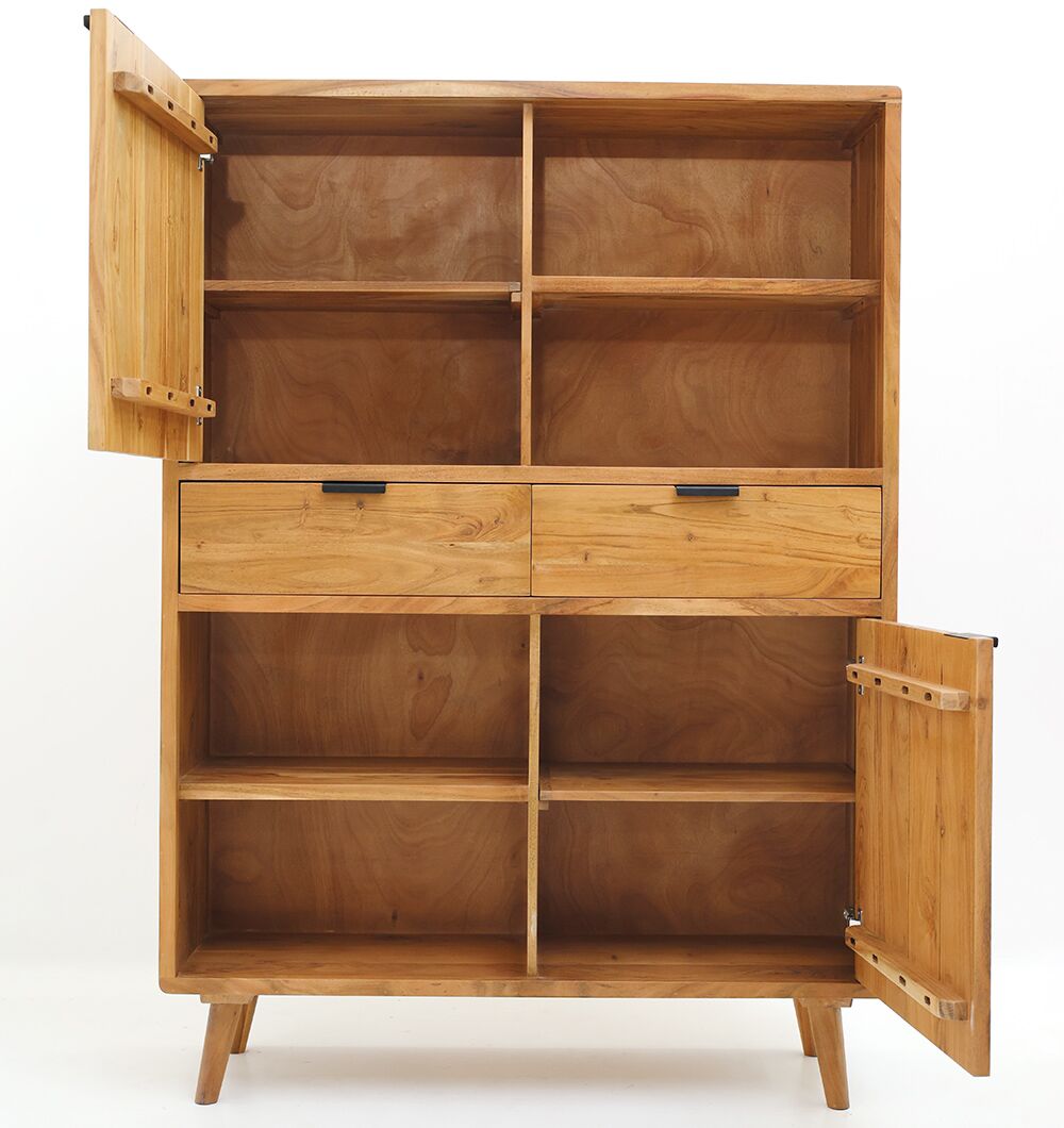 The Handcrafted Acacia Wood Cabinet With Open Shelves by RAMSHA HOME features four open shelves, two central pull-out drawers, and two doors—one at the top left and one at the bottom right—with stylish angled legs for a modern look.