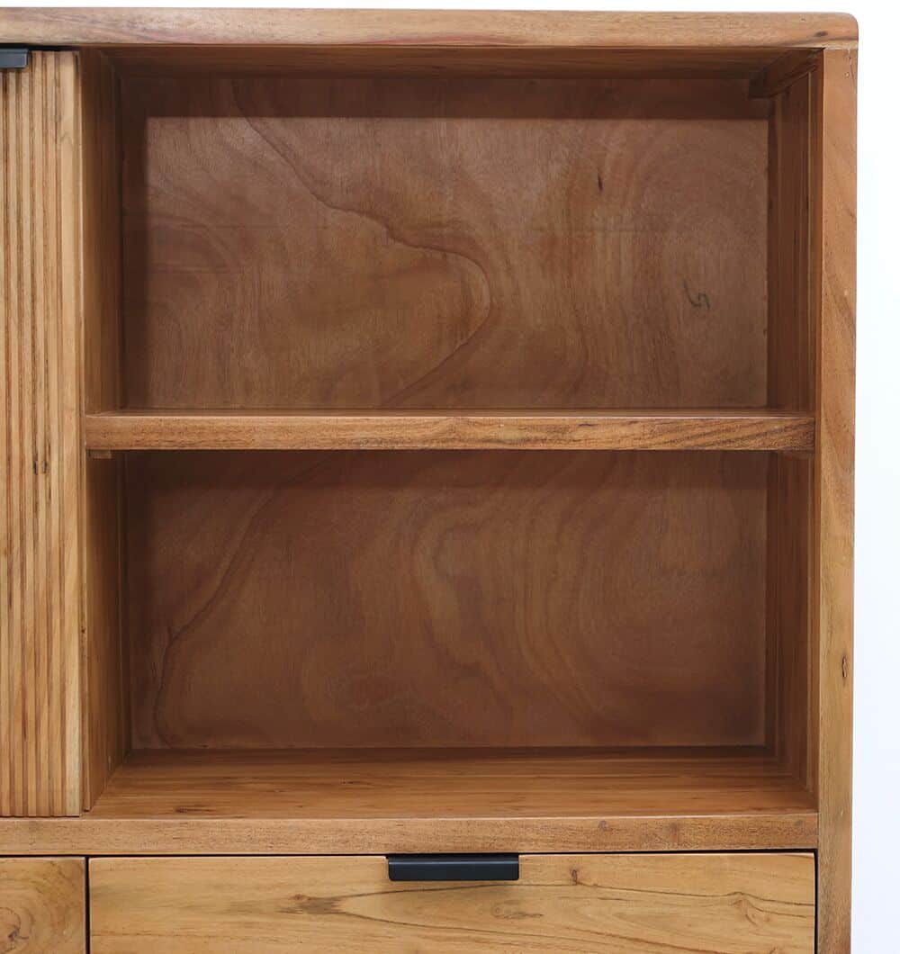 The RAMSHA HOME Handcrafted Acacia Wood Cabinet With Open Shelves showcases natural wood grain, features an empty open shelf, and includes two bottom drawers with black handles.