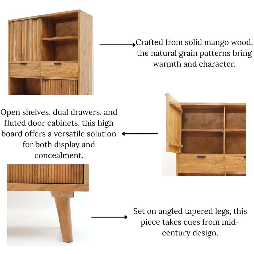 The RAMSHA HOME Handcrafted Acacia Wood Cabinet features open shelves, two drawers, fluted door cabinets, and angled tapered legs; arrows highlight its stylish design and smart storage solutions.