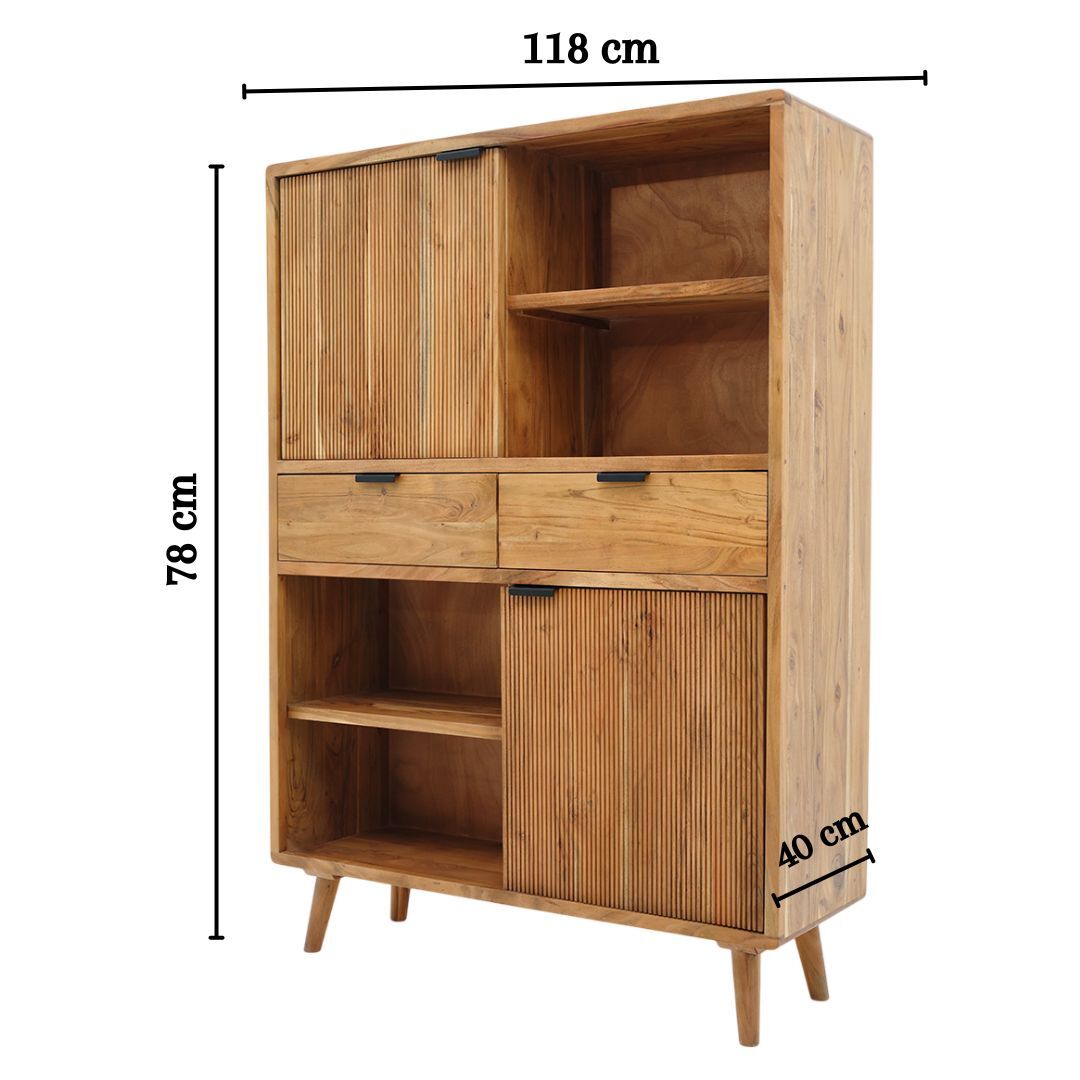 The RAMSHA HOME Handcrafted Acacia Wood Cabinet features grooved sliding doors, open shelves, two central drawers, and stands on four angled legs. Dimensions: 118 cm W x 78 cm H x 40 cm D.
